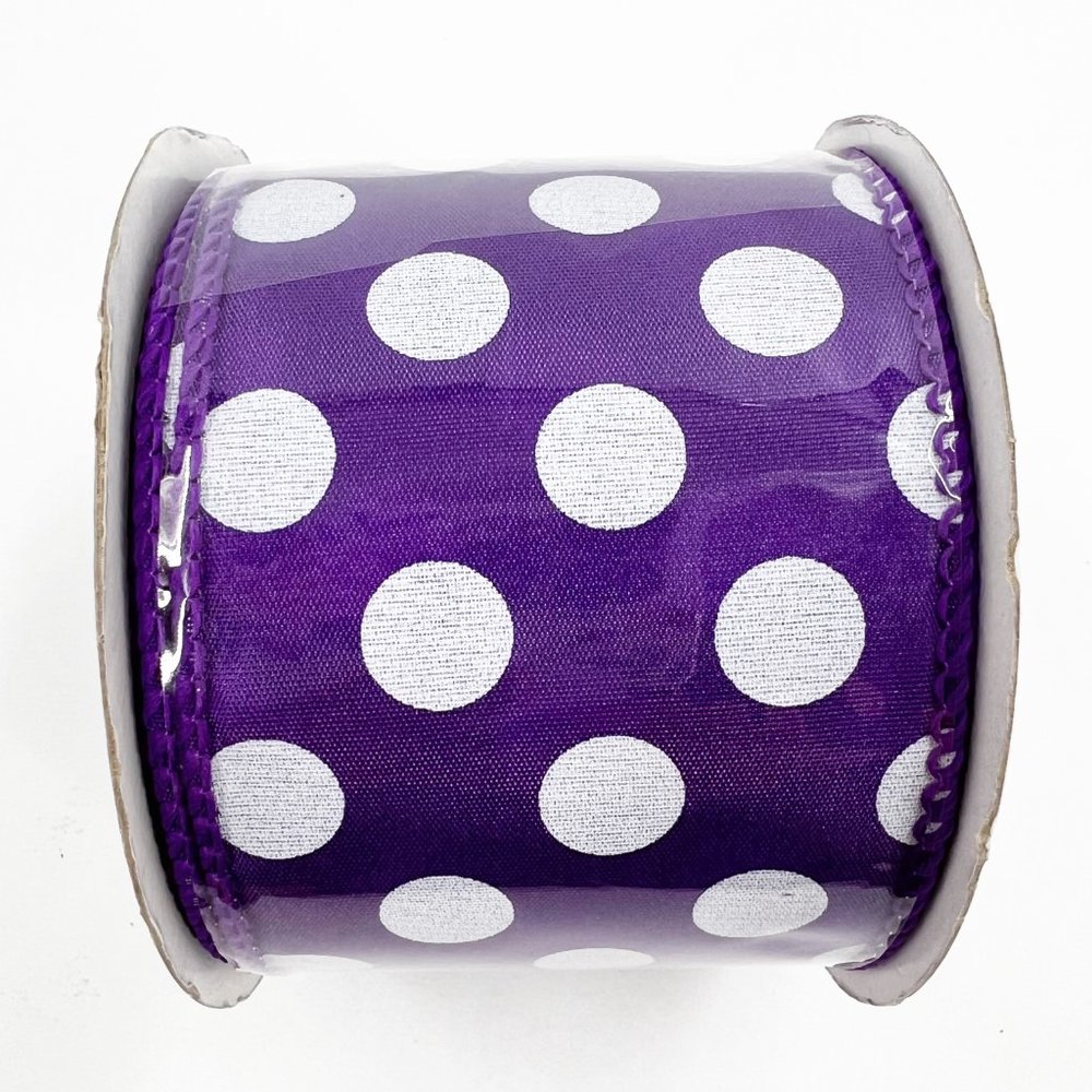 NEW Wired Ribbon Purple and Big White Polka Dots 2.5"